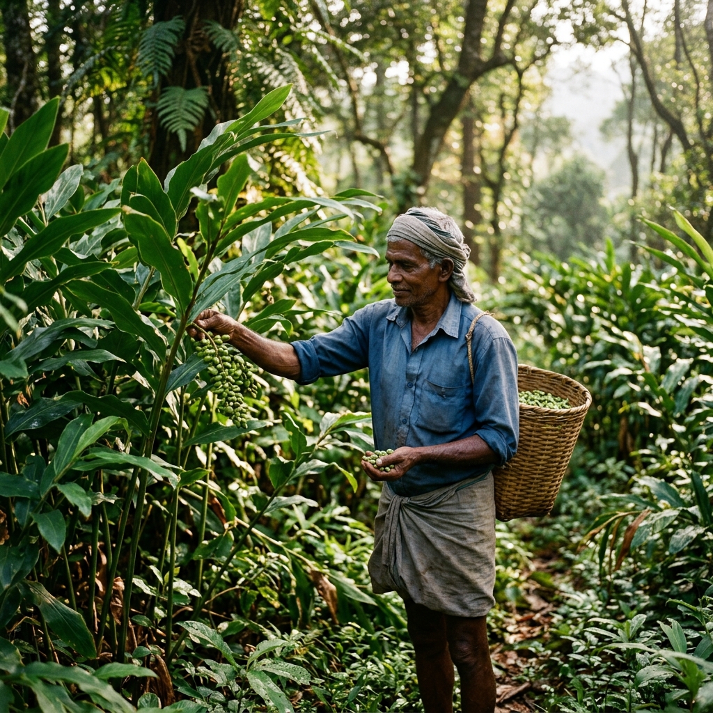 Spice Farmer Hand Harvesting Cardamom in Kerala